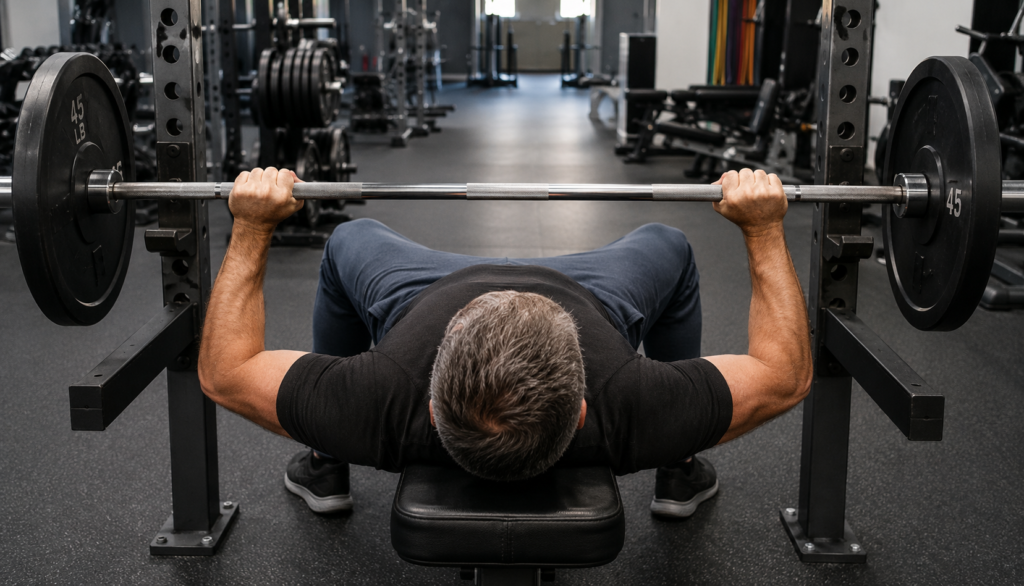 Over-the-shoulder view of lifter mid-bench-press in gym