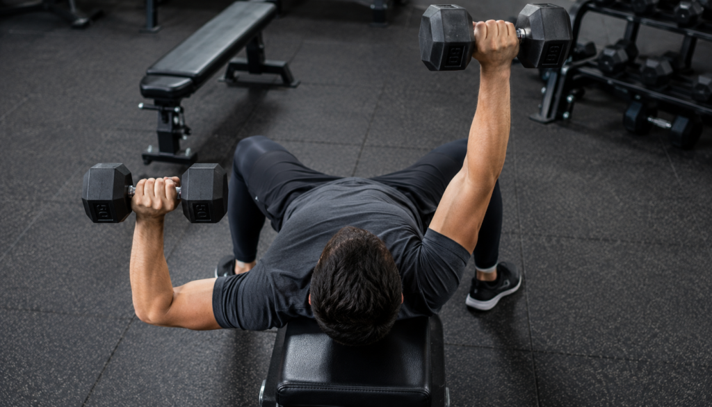 Overhead view of lifter mid-rep on dumbbell bench press