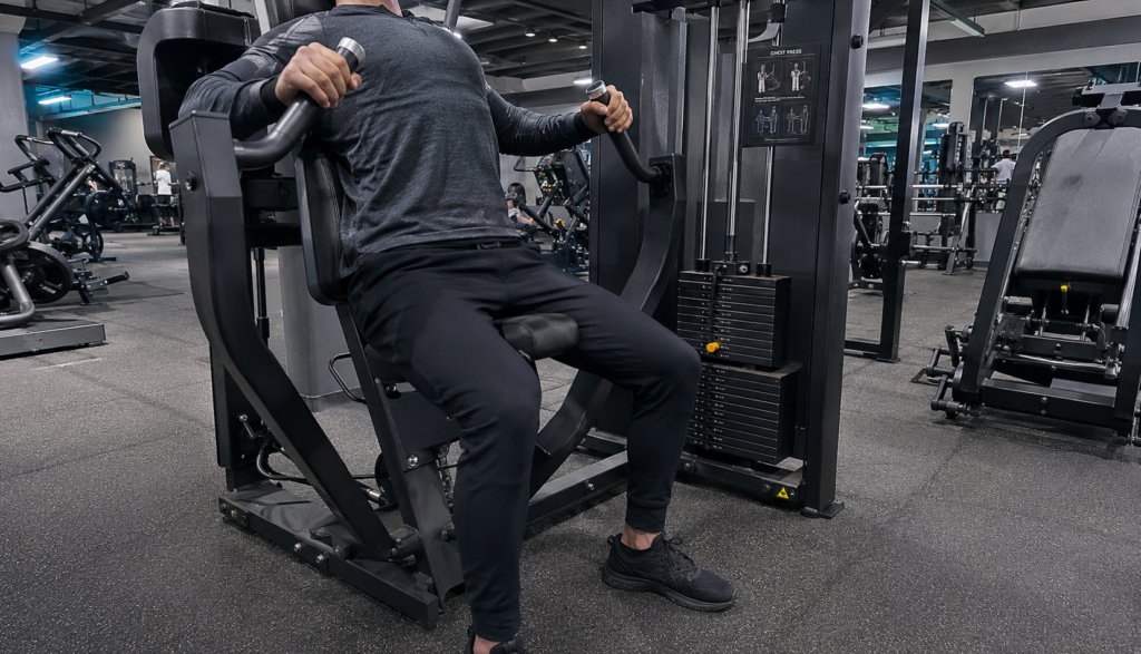 Wide gym shot of lifter mid-rep on chest press machine.