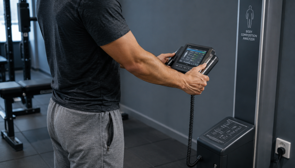 Person using a handheld body composition analyzer in a gym