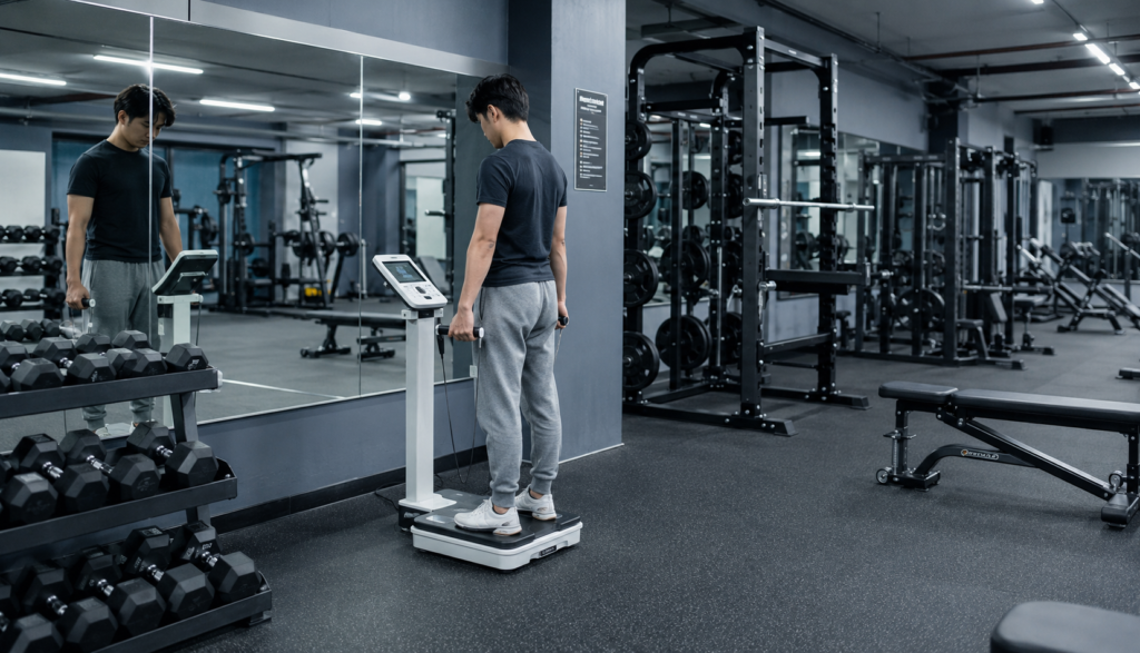 Person standing on a body composition scale in a gym