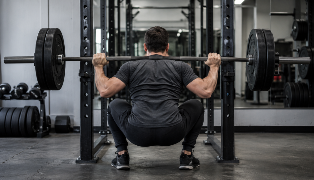 Lifter performing a barbell back squat, knees fully covered, no face shown
