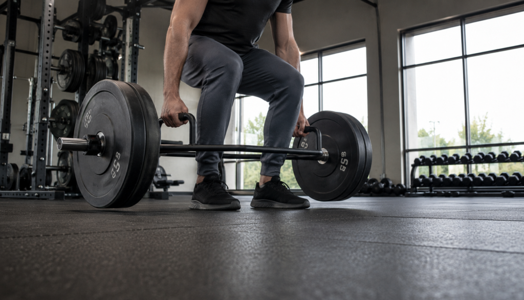 Wide gym shot of a lifter mid-rep on a trap bar deadlift