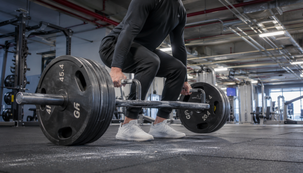 Lifter performing a trap bar deadlift captured from a low floor angle