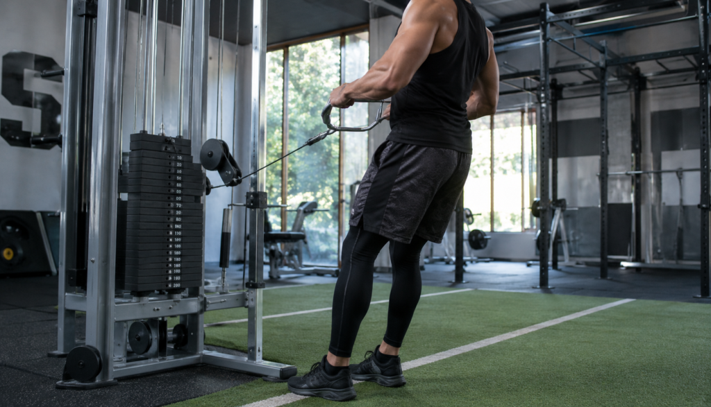 Lifter performing a cable row exercise at a three-quarter angle