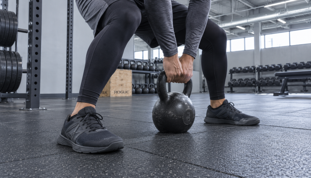 Close crop of a lifter's stance during a kettlebell swing setup