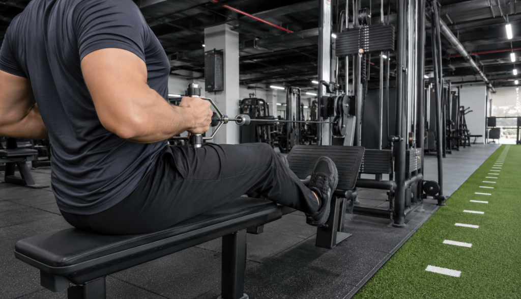 Lifter mid-pull on a cable row machine in an industrial gym space.