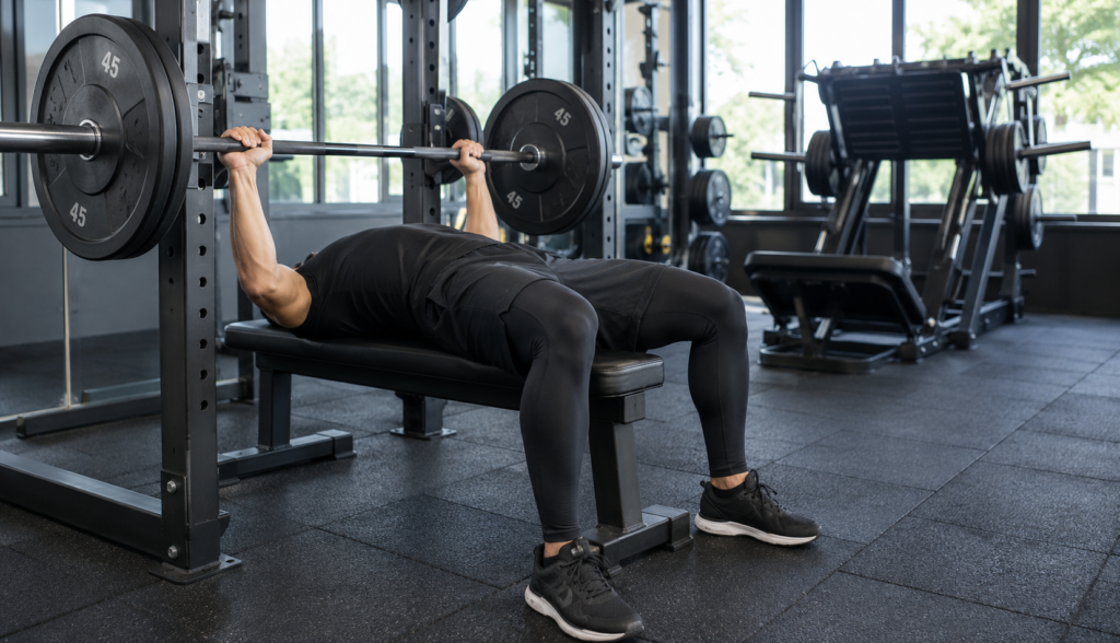 Lifter racking a barbell on a bench in a sunlit gym.