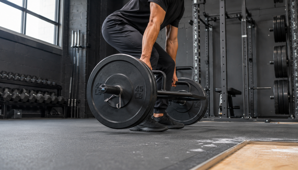 Lifter mid-hinge on a trap bar deadlift, low angle, face out of frame