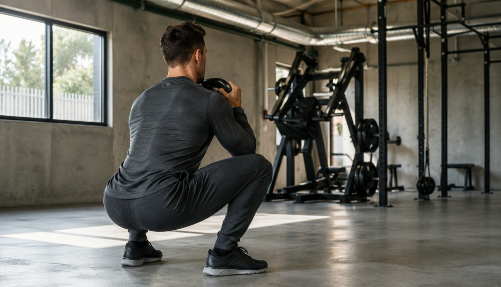 Athlete at bottom of a controlled kettlebell goblet squat