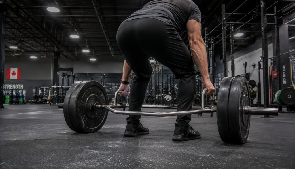 Lifter performing a controlled trap bar deadlift warm-up on rubber flooring
