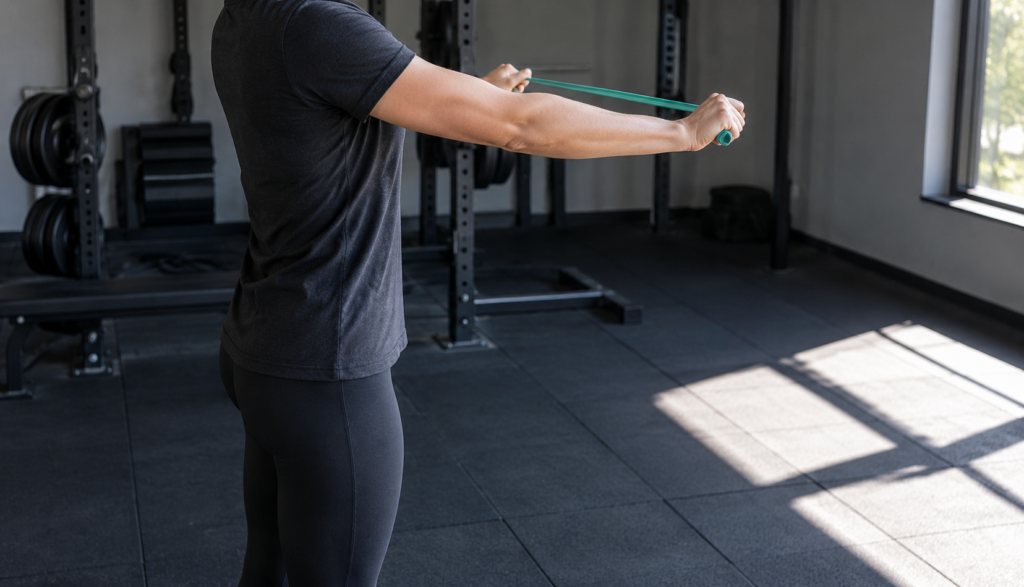 Lifter using a resistance band for light back rehab exercise