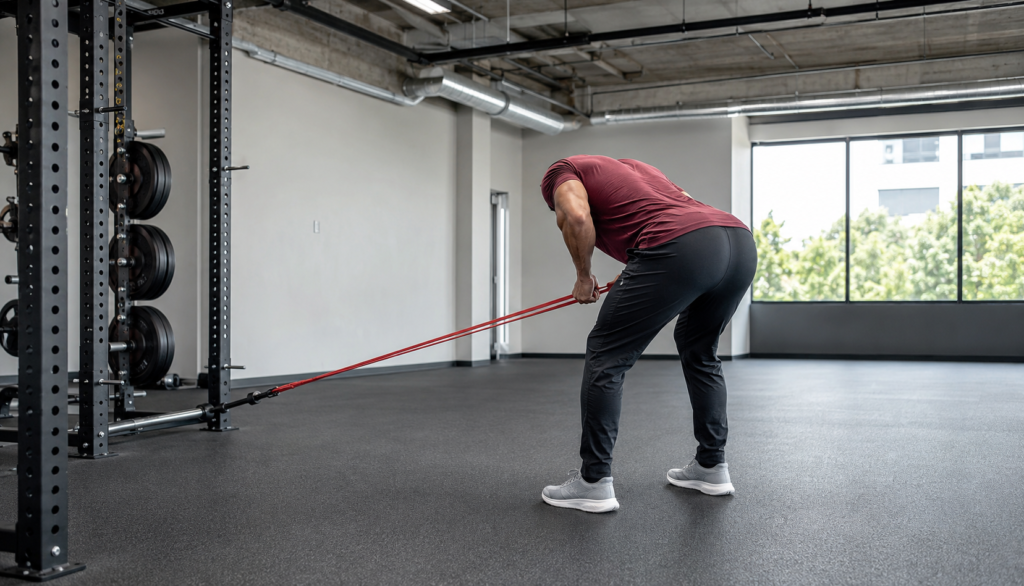 Wide gym shot of resistance band hip hinge exercise, full environment visible