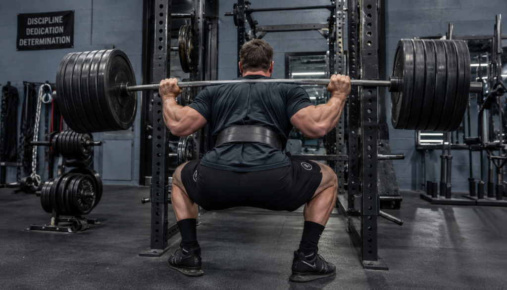 Lifter viewed from behind squatting with loaded barbell in gym