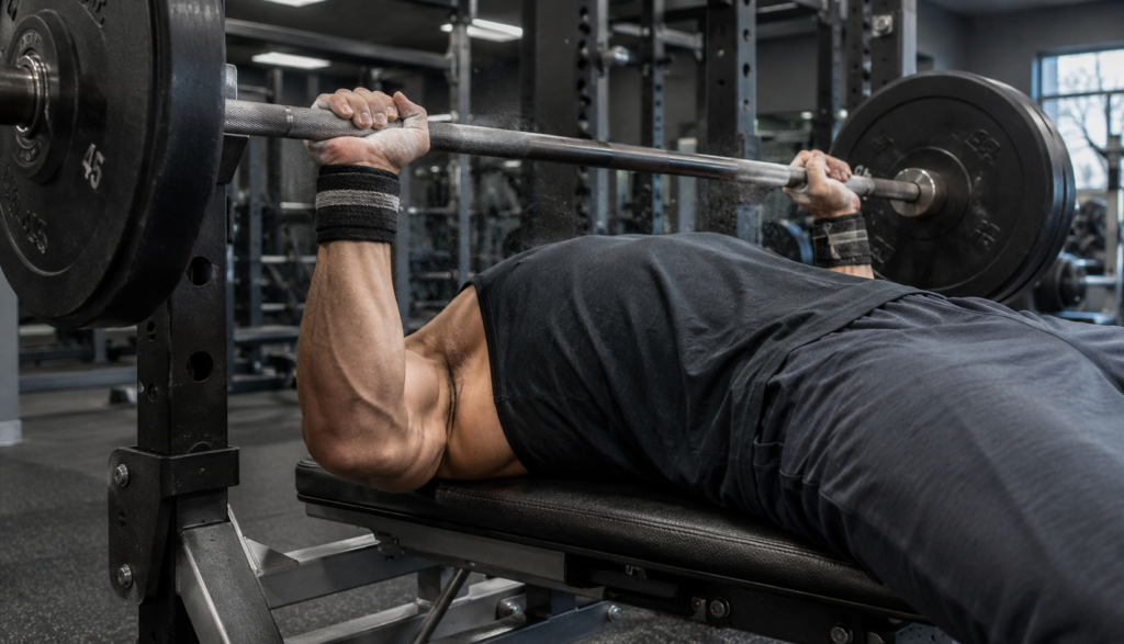 Side view of lifter bench pressing with barbell at gym