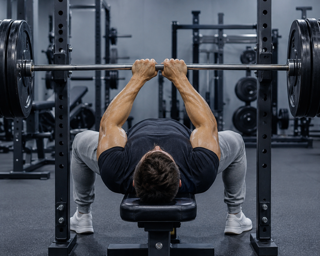 Over-the-shoulder view of lifter doing close-grip bench press