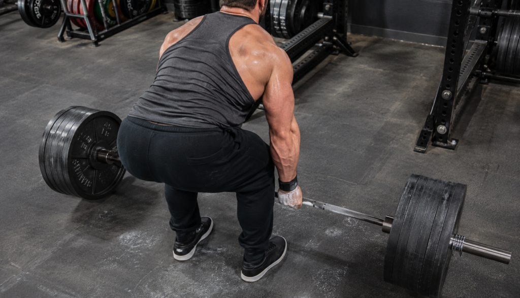 Over-the-shoulder view of lifter performing barbell deadlift