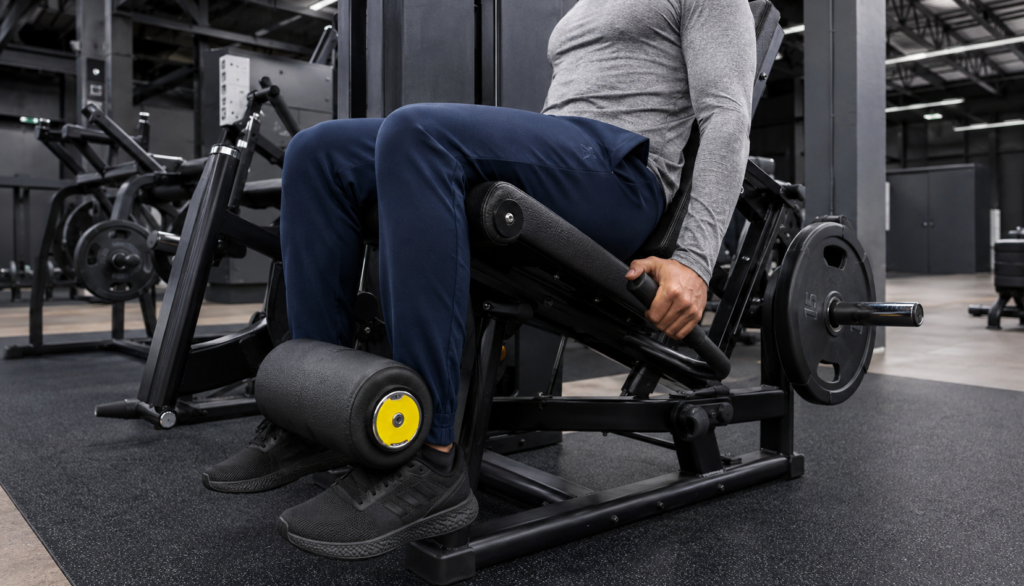 Person performing a seated leg curl exercise on a gym machine