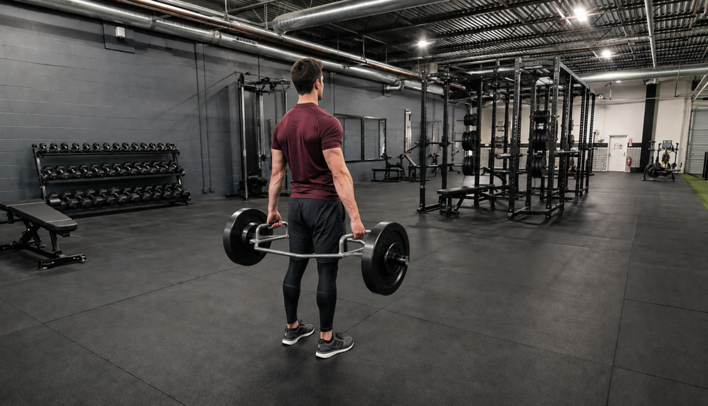 Person performing a trap bar Romanian deadlift in a spacious gym