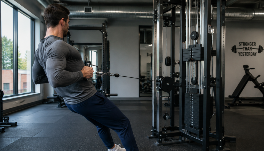 Cable row exercise showing proper form on a cable machine
