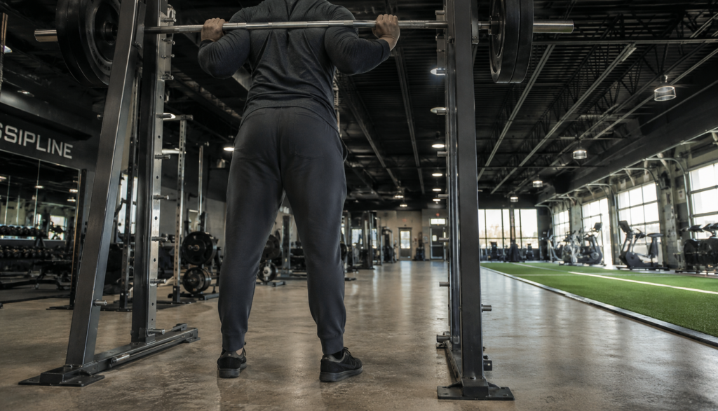 Low rear-angle shot of lifter mid-set at Smith machine