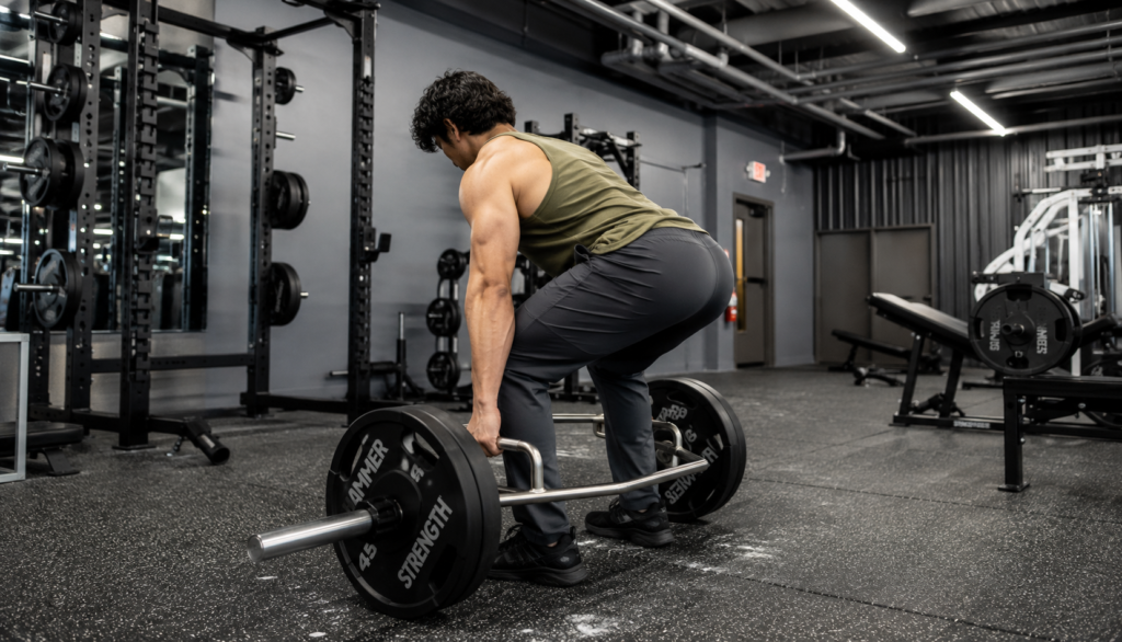 Lifter setting up for a trap bar deadlift at a three-quarter angle