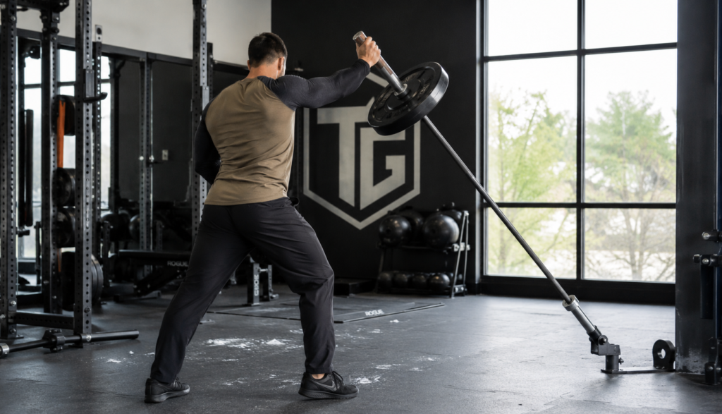 Lifter performing a landmine press during a muscle-building workout