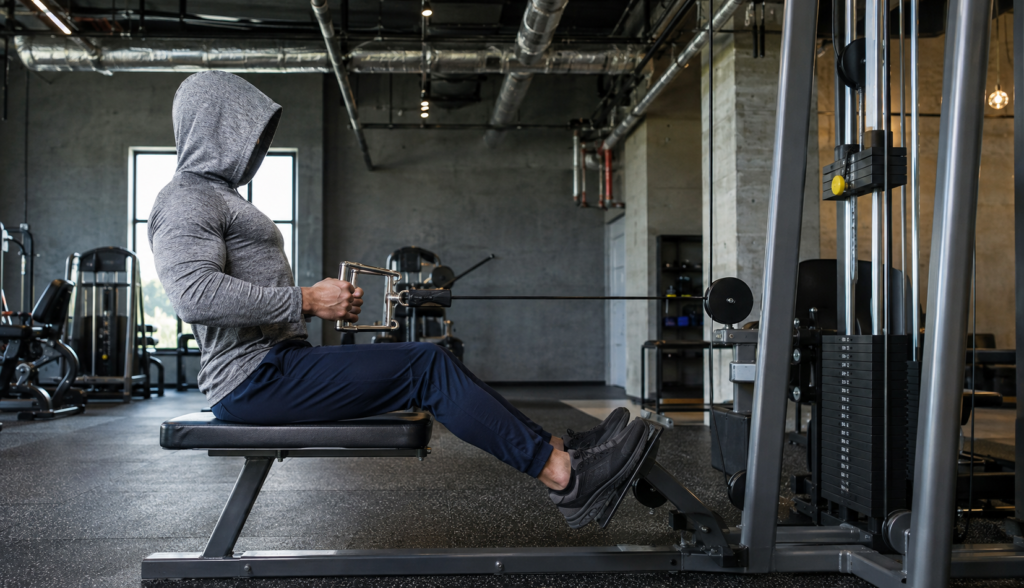 Lifter performing a seated cable row from a side angle in a gym
