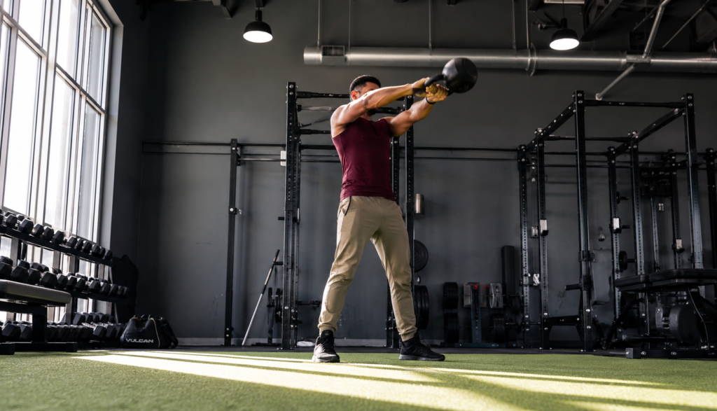 Lifter mid-swing with a kettlebell in a wide gym shot