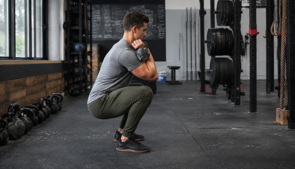 Lifter performing a kettlebell front squat in a gym