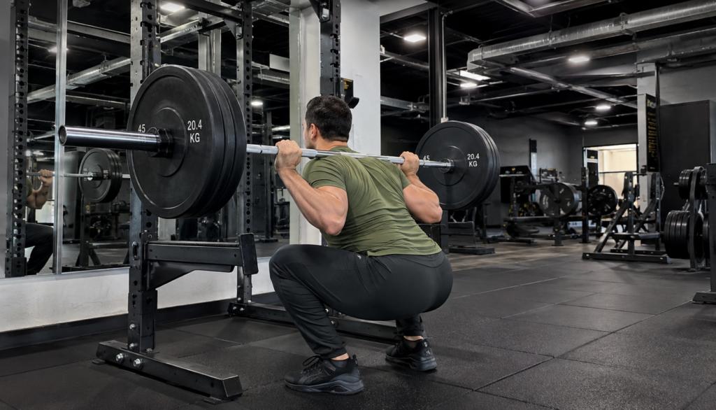 Side-angle view of a lifter squatting with a barbell in a gym