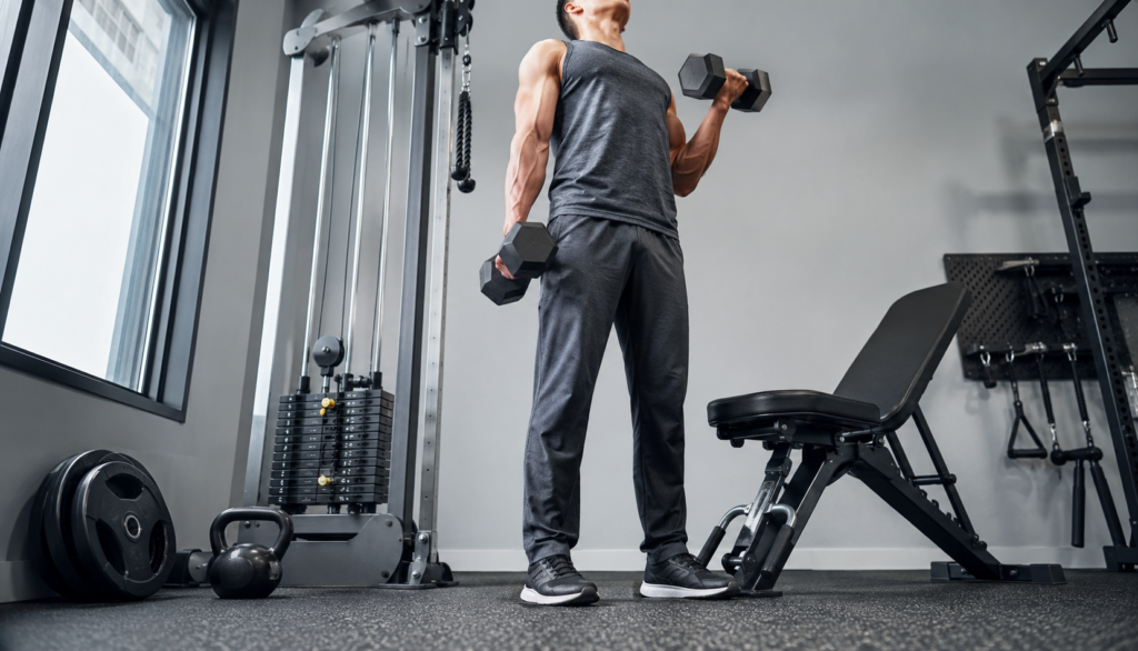 Low-angle shot of a lifter performing a dumbbell bicep curl