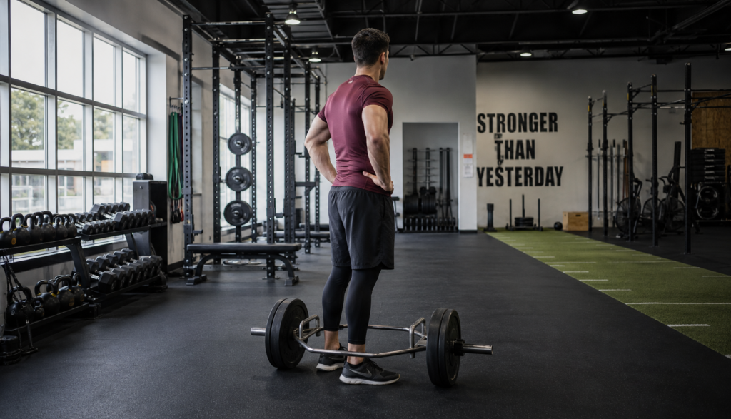 Wide gym shot of a lifter resting beside a trap bar setup