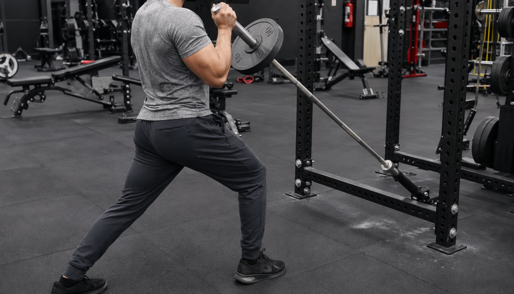 Male lifter performing a side-angle landmine press in a gym.