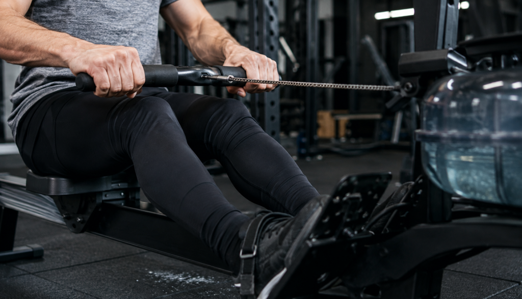 Close-up of hands gripping a rowing machine during interval training
