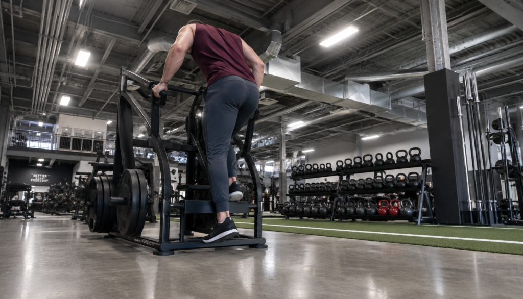 Wide low-angle shot of a gym floor with a person using a step machine
