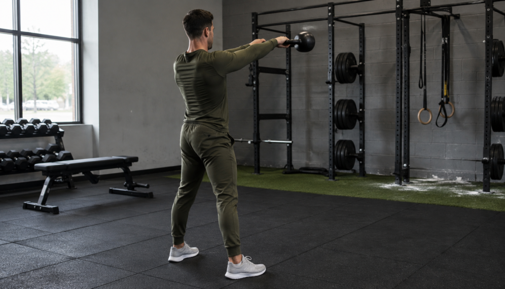 Person mid-kettlebell swing in gym, side three-quarter angle