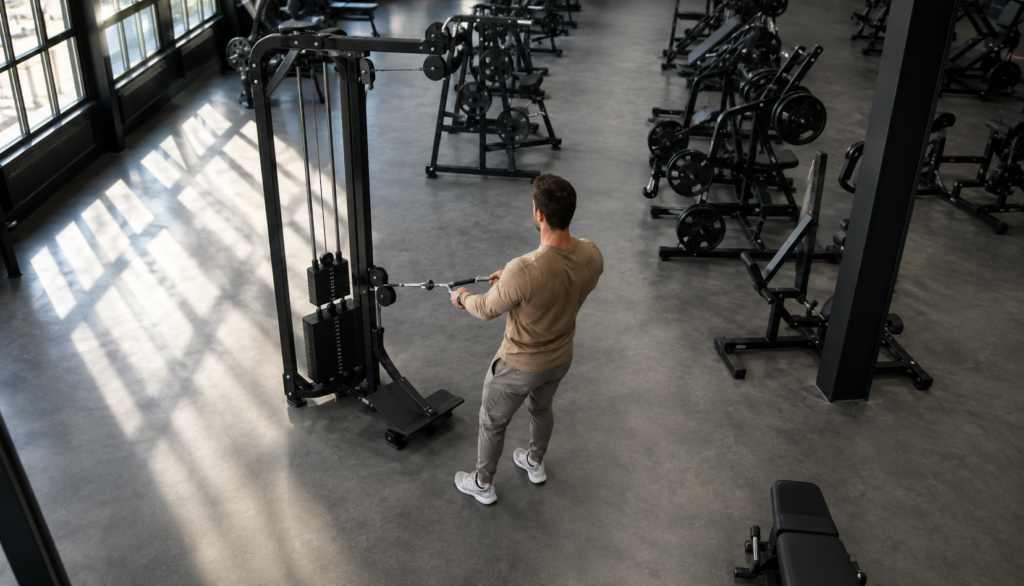 Wide gym shot of cable machine row from elevated angle