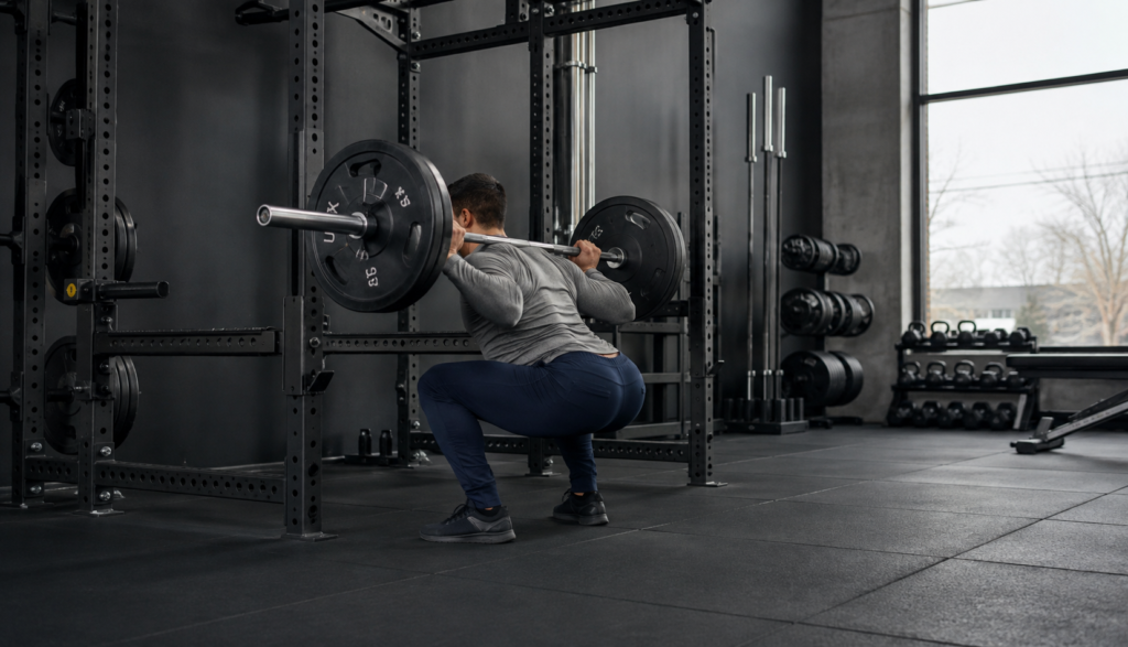 Side-angle view of a lifter mid-squat with a loaded barbell