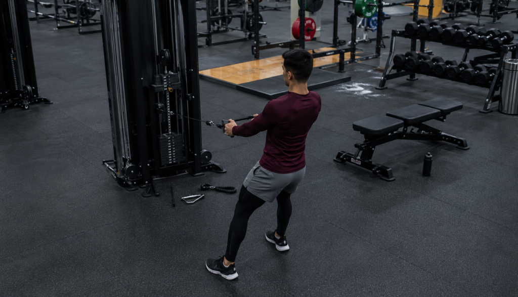 Wide gym shot of a lifter performing a cable machine row