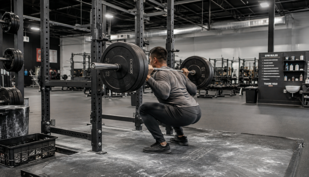 Lifter performing a barbell back squat during a 5x5 strength session
