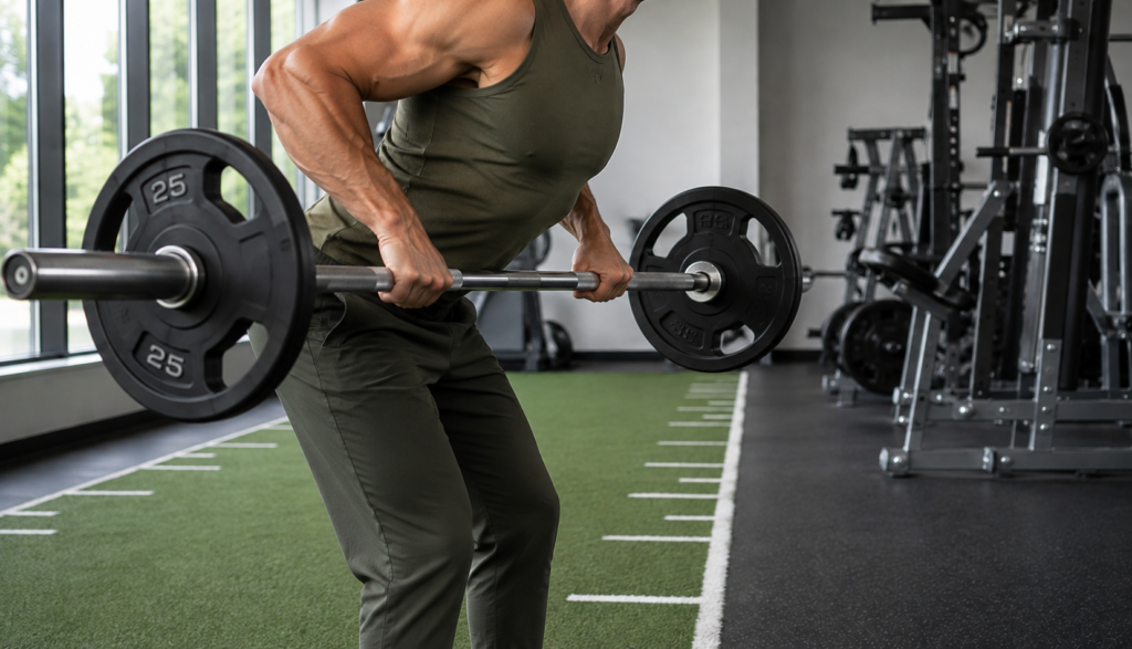 Side-angle view of a barbell row mid-pull near ribcage height