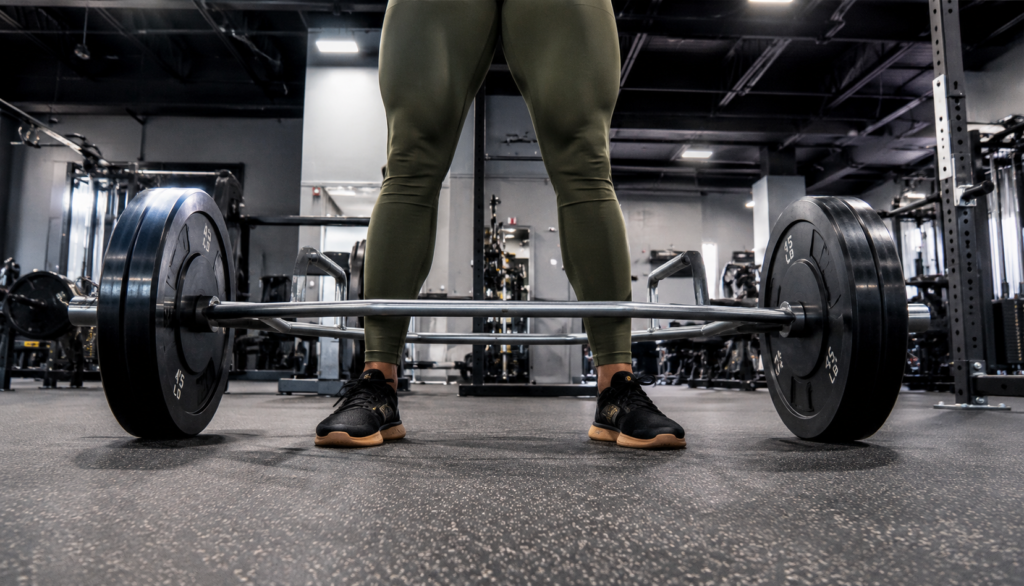 Low-angle shot of feet and trap bar during lockout