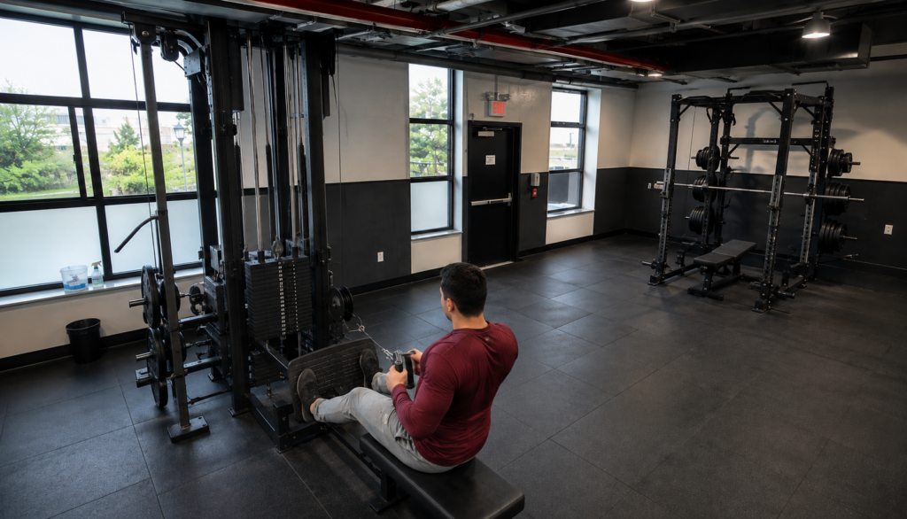 Wide elevated shot of lifter on cable row machine