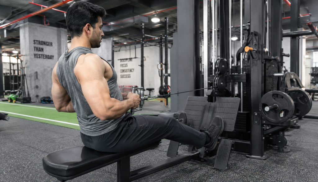 Lifter performing seated cable row at peak contraction in gym setting