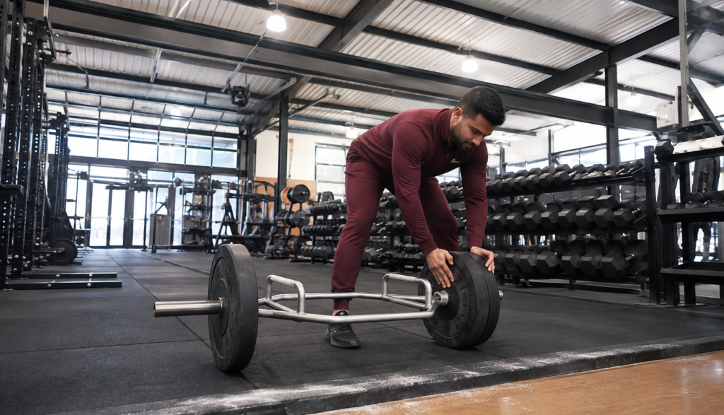Wide gym shot of lifter loading trap bar from low floor angle
