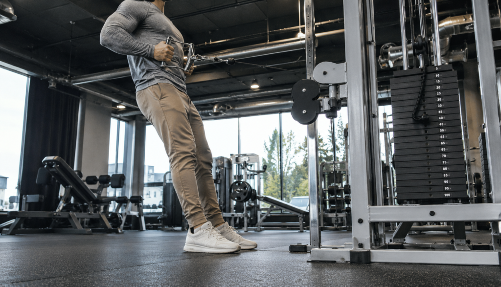 Wide low-angle shot of cable machine row in industrial gym
