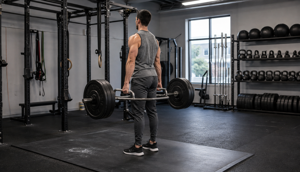 Lifter mid-rep on a trap bar at three-quarter angle in gym