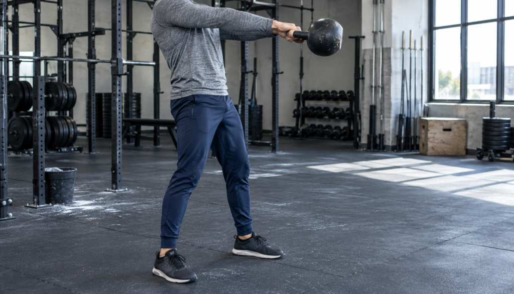 Lifter mid-kettlebell swing in gym, three-quarter angle