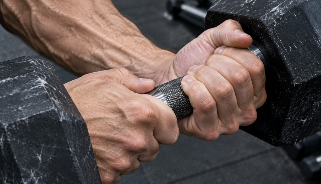 Extreme close-up of hands gripping dumbbell mid-curl